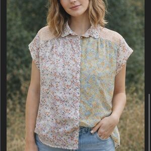 Vtg Cottagecore Grandmillenial Blouse S Floral Patchwork Cotton Button-Up 80s